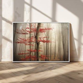 61855-MGV-CV-36X24-Misty Forest Wall Art – Red Tree with Autumn Leaves Canvas Print, Moody Woodland Nature Decor for Living Room, Bedroom, or Office
