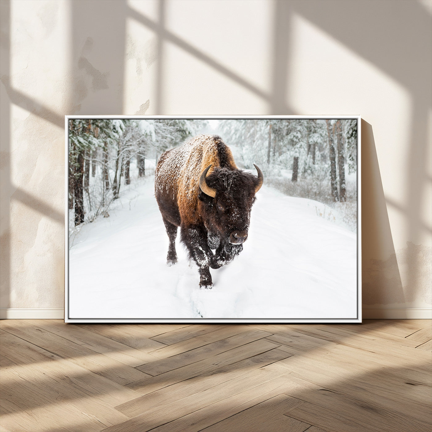 84699-MGV-CV-36X24-Bison in Winter Wall Art – Majestic Buffalo Canvas Print with Snowy Forest Landscape, Rustic Wildlife Artwork for Cabin, Living