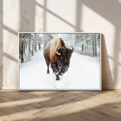 84699-MGV-CV-36X24-Bison in Winter Wall Art – Majestic Buffalo Canvas Print with Snowy Forest Landscape, Rustic Wildlife Artwork for Cabin, Living