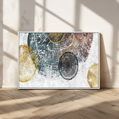 70653-MGV-CV-36X24-Abstract Tree Ring Wall Art – Modern Rustic Wood Slice Canvas Print with Gold Accents, Contemporary Nature Decor for Living Room,