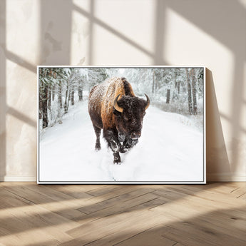 10109-MGV-CV-36X24-Majestic Bison Winter Wall Art – Snowy Forest Buffalo Canvas Print, Rustic Wildlife Photography Decor for Cabin, Lodge, Living