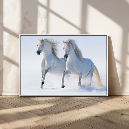 80145-MGV-CV-36X24-White Horses Running Snow Wall Art – Majestic Equine Canvas Print, Winter Nature Photography Decor for Living Room, Office,