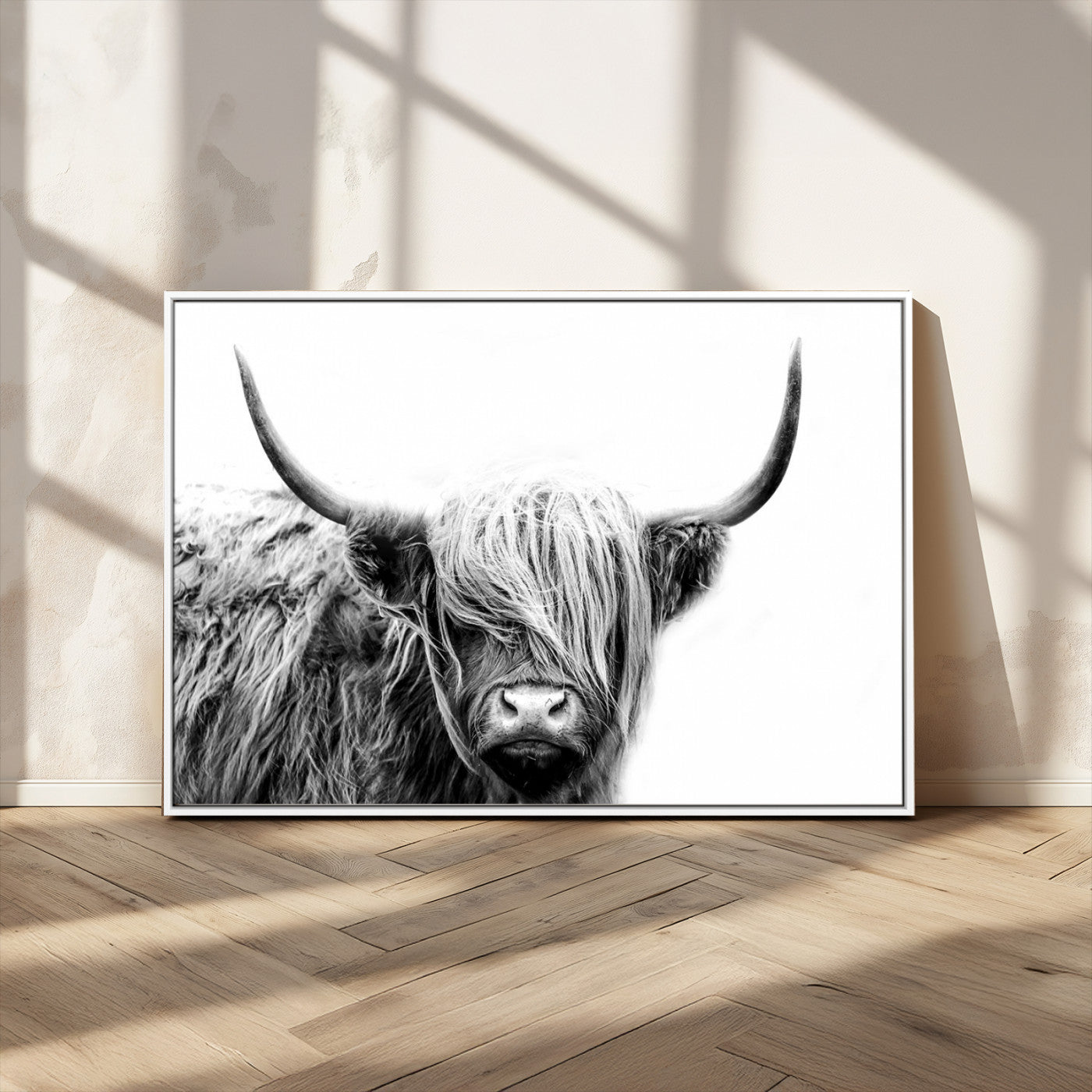 51957-MGV-CV-36X24-Highland Cow Wall Art – Black and White Scottish Highland Bull Canvas Print, Rustic Farmhouse Animal Decor for Living Room,