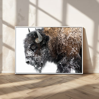 24304-MGV-FC-36X24_White-Bison Wall Art Canvas Print, Framed Winter Bison Art Picture Print, Snowy Buffalo Perfect Rustic Farmhouse Decor Artwork