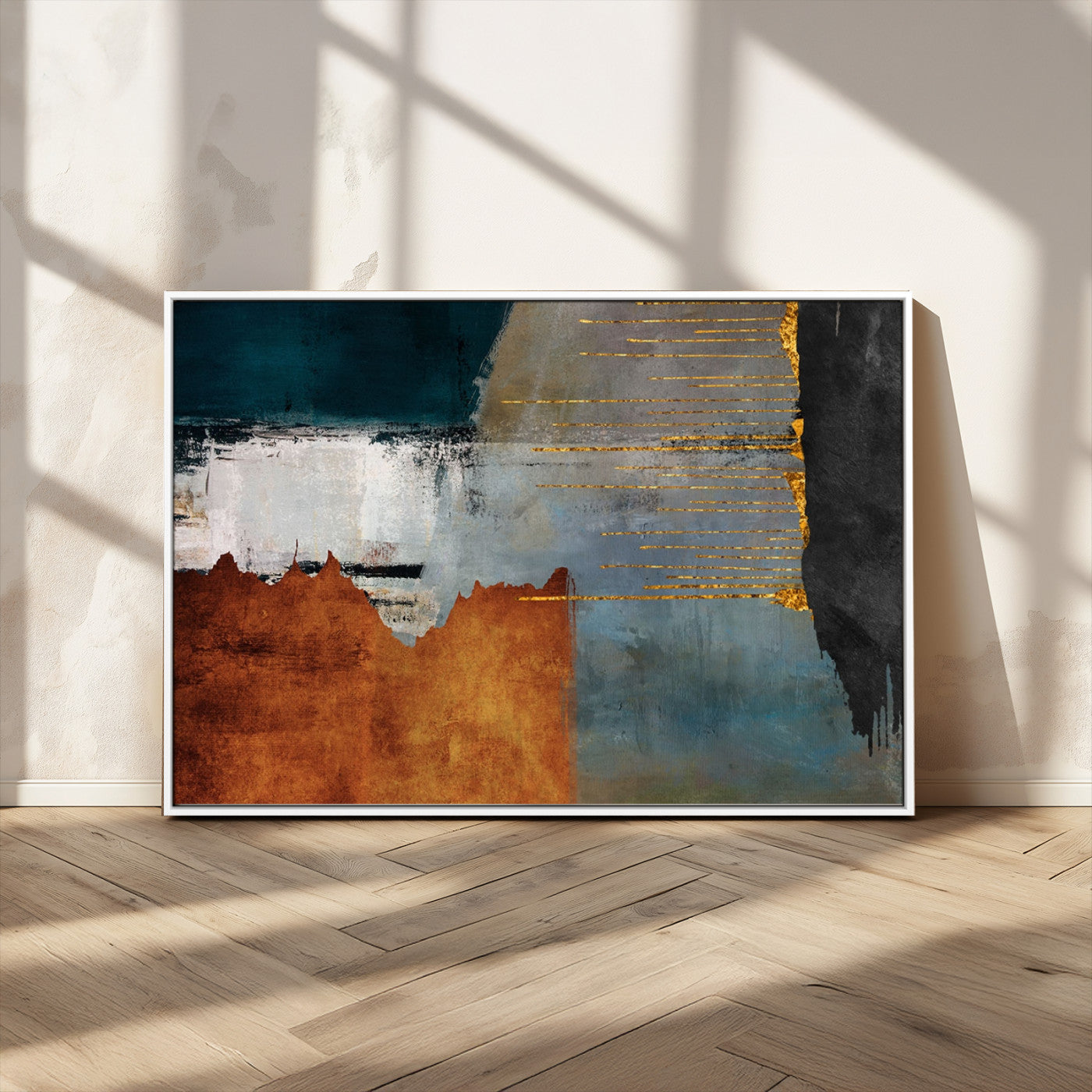 35026-MGV-CV-36X24-Abstract Canvas Wall Art – Modern Teal, Rust, Black and Gold Textured Painting, Contemporary Decor for Living Room, Bedroom or