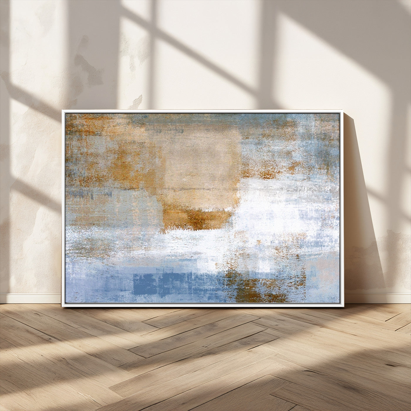 72354-MGV-CV-36X24-Blue and Gold Abstract Wall Art – Modern Minimalist Canvas Print, Textured Contemporary Painting for Living Room, Bedroom, or