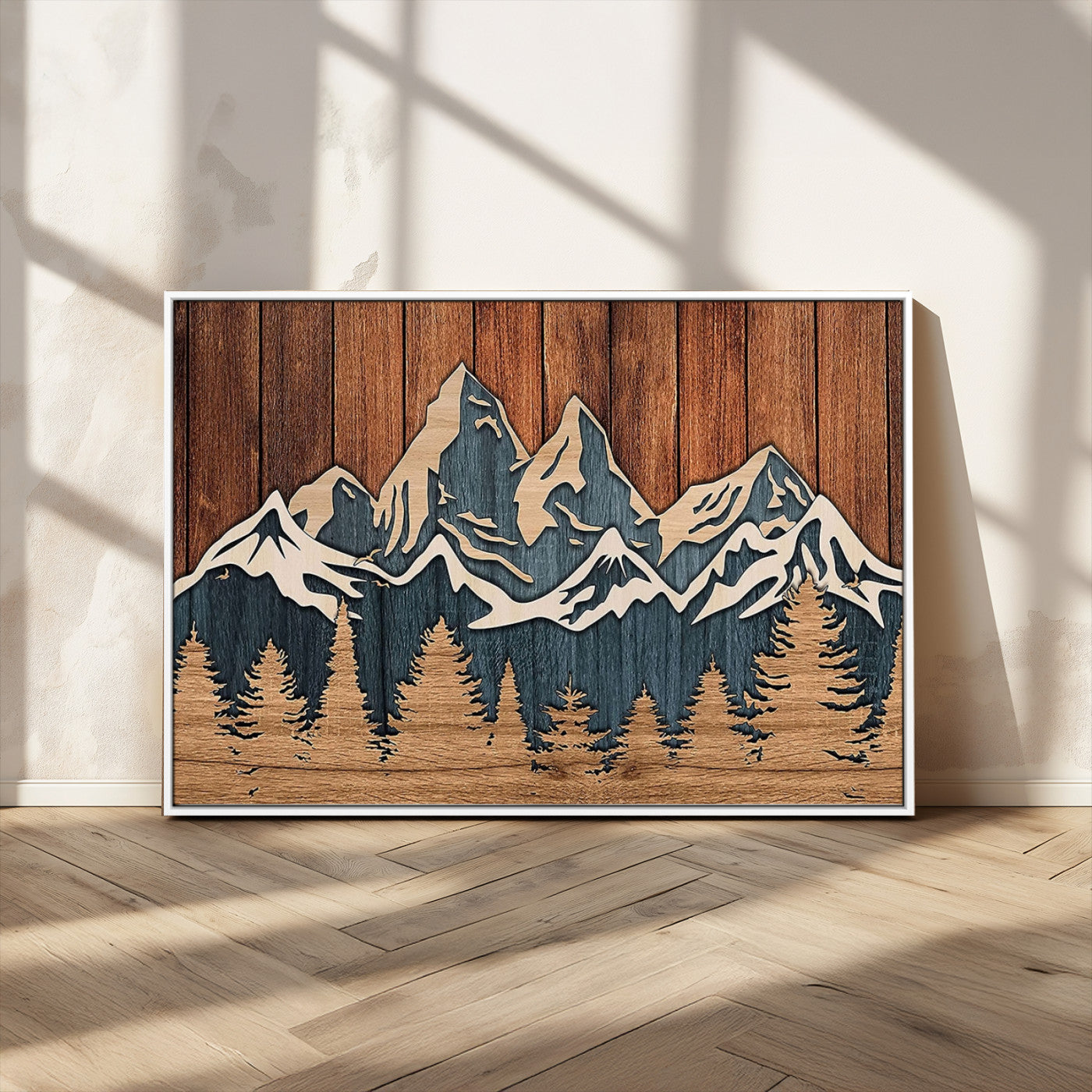 41330-MGV-FC-36X24_White-Rustic Mountain Wall Art – Wooden Nature Scene with Trees and Peaks, Handmade 3D Layered Decor for Living Room, Cabin or Office