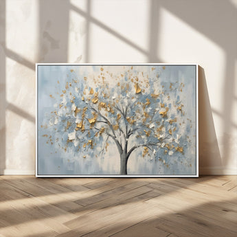 65811-MGV-CV-36X24-Abstract Tree Wall Art – Textured Canvas Painting with Gold and White Leaves, Modern Nature Inspired Decor for Living Room or