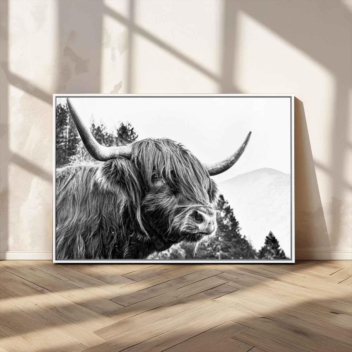 61570-MGV-CV-36X24-Highland Cow Wall Art – Black and White Scottish Bull Canvas Print, Rustic Farmhouse Animal Decor for Living Room, Bedroom, or