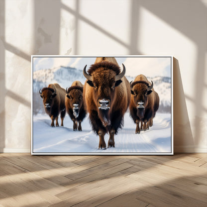56701-MGV-CV-36X24-Bison Herd Wall Art – Buffalo Walking in Snowy Mountains Canvas Print, Rustic Wildlife Decor for Cabin, Lodge, or Living Room