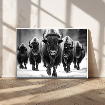 79872-MGV-CV-36X24-Bison Herd Wall Art – Black and White Buffalo on Snow Canvas Print, Rustic Wildlife Decor for Lodge, Cabin, or Living Room