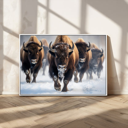 80512-MGV-CV-36X24-Bison Herd Wall Art – Buffalo Running in Snow Canvas Print, Rustic Wildlife Photography Decor for Cabin, Lodge, or Living Room