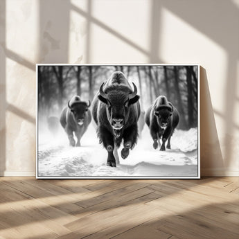 97552-MGV-CV-36X24-Black and White Bison Wall Art – Buffalo Herd Running in Snow Canvas Print, Rustic Wildlife Photography Decor for Cabin, Lodge, or