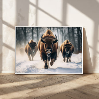 56549-MGV-CV-36X24-Wild Bison Wall Art – Majestic Buffalo Herd Running in Snow Canvas Print, Rustic Wildlife Photography Decor for Cabin, Lodge, or