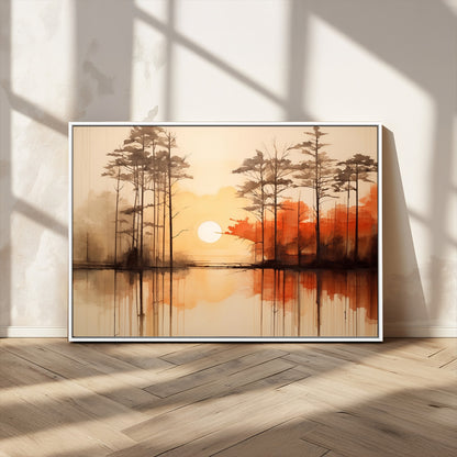 51083-MGV-CV-36X24-Sunset Lake Forest Wall Art – Serene Trees and Orange Sky Reflection Canvas Print, Tranquil Nature Decor for Living Room, Office