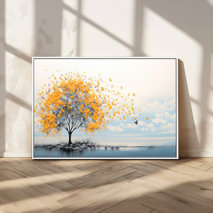 23385-MGV-CV-36X24-Golden Butterfly Tree Wall Art – Abstract Yellow and Gray Canvas Print, Modern Nature Artwork for Living Room, Bedroom or Office