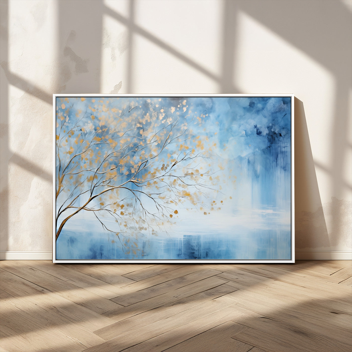 23891-MGV-CV-36X24-Abstract Tree Wall Art – Minimalist Blue and Gold Canvas Painting, Elegant Nature-Inspired Artwork for Living Room, Bedroom or