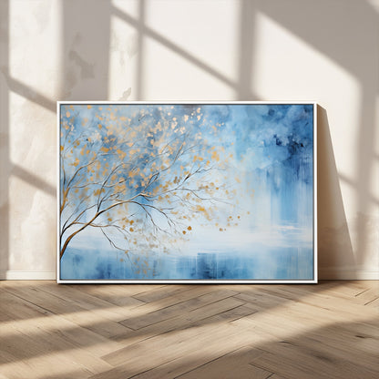23891-MGV-CV-36X24-Abstract Tree Wall Art – Minimalist Blue and Gold Canvas Painting, Elegant Nature-Inspired Artwork for Living Room, Bedroom or
