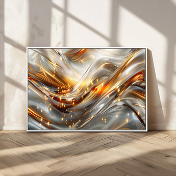 Lines1-MGV-FC-36X24_White-Abstract Metallic Wall Art – Silver and Gold Wave Canvas Print with Sparkling Accents, Modern Luxury Decor for Living Room, Office