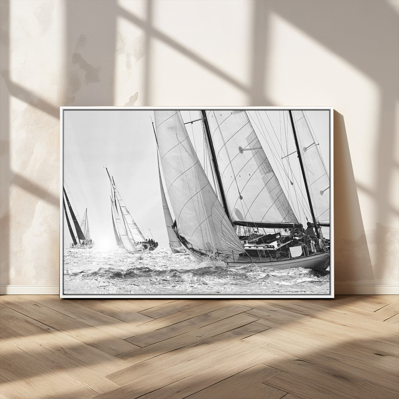 Boat-1-MGV-CV-36X24-Sailboat Racing Wall Art – Nautical Black and White Canvas Print, Ocean Adventure Decor for Office, Living Room or Bedroom