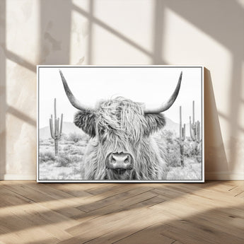 94579-MGV-CV-36X24-Highland Cow Wall Art – Black and White Longhorn Canvas Print, Rustic Western Farmhouse Animal Photography for Living Room,