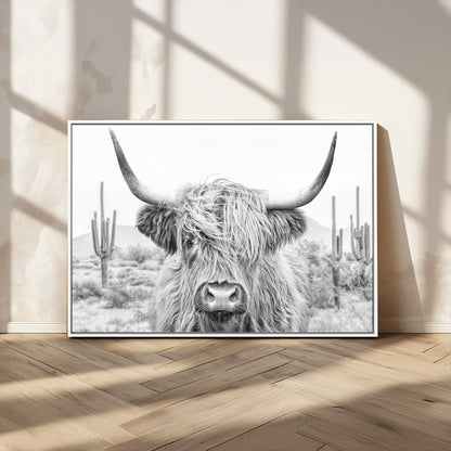94579-MGV-CV-36X24-Highland Cow Wall Art – Black and White Longhorn Canvas Print, Rustic Western Farmhouse Animal Photography for Living Room,