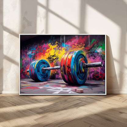13549-MGV-CV-36X24-Graffiti Gym Wall Art Canvas Print, Framed Graffiti Barbell Art Picture Print, Weightlifting Perfect Fitness Studio Decor Artwork