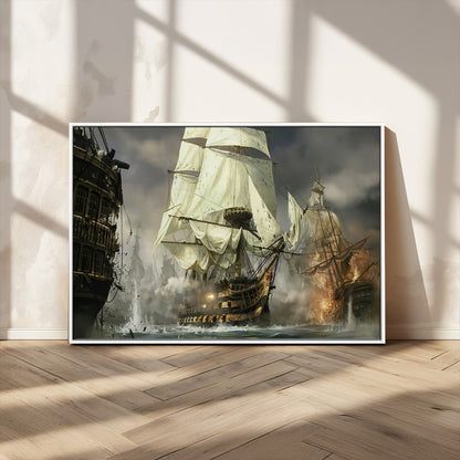 26512-MGV-CV-36X24-Naval Battle Wall Art – Dramatic Tall Ship Canvas Print, Historic Pirate Sailing War Scene, Nautical Decor for Office, Study or