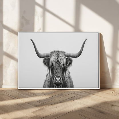 35820-MGV-CV-36X24-Minimalist Highland Cow Wall Art – Black and White Longhorn Cattle Canvas Print, Modern Farmhouse Animal Photography Decor for