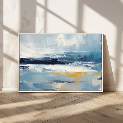 19746-MGV-FC-36X24_White-Abstract Ocean Wall Art – Modern Coastal Canvas Print with Blue, White and Gold Textures, Contemporary Seascape Painting for