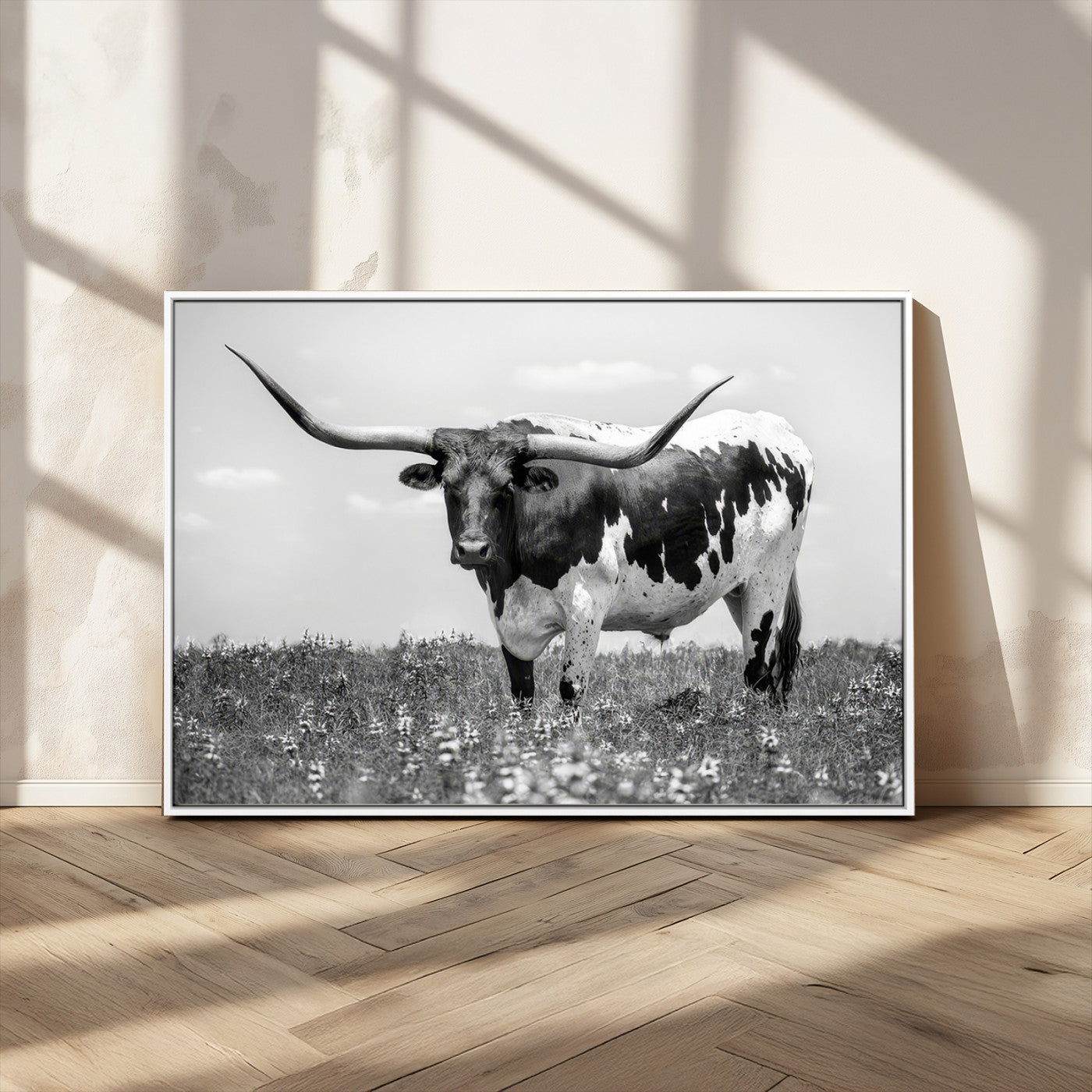 94709-MGV-CV-36X24-Texas Longhorn Wall Art – Black and White Bull Photography Canvas Print, Western Farmhouse Wall Decor for Living Room, Office or