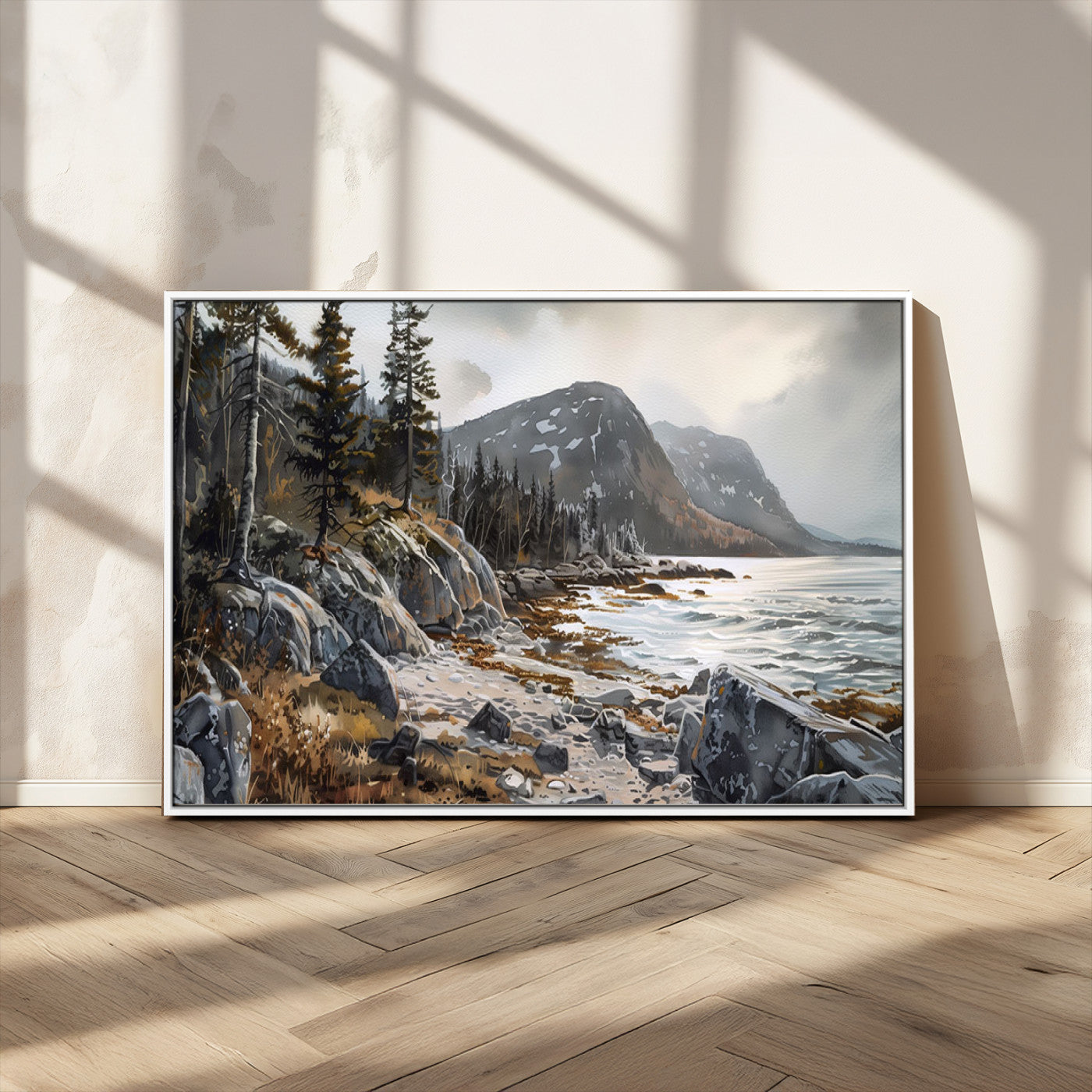 41281-MGV-CV-36X24-Rocky Shoreline Wall Art – Panoramic Mountain Coast and Forest Canvas Print, Rustic Nature Landscape Decor for Cabin, Lodge, or
