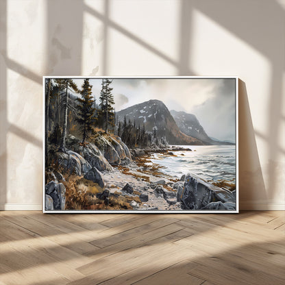 41281-MGV-CV-36X24-Rocky Shoreline Wall Art – Panoramic Mountain Coast and Forest Canvas Print, Rustic Nature Landscape Decor for Cabin, Lodge, or
