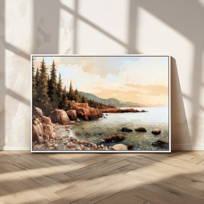 77145-MGV-CV-36X24-Coastal Landscape Wall Art – Panoramic Rocky Shoreline and Pine Trees Canvas Print, Rustic Nature Decor for Cabin, Lodge, Office,