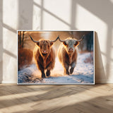50490-MGV-CV-36X24-Highland Cow Wall Art – Rustic Panoramic Canvas Print Two Cattle Snowy Landscape, Farmhouse Country Decor for Living Room Office