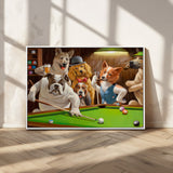 34228-MGV-CV-36X24-Dogs Playing Pool Wall Art Canvas Print, Framed Funny Dog Art Picture Print, Dog Perfect Game Room Decor Artwork