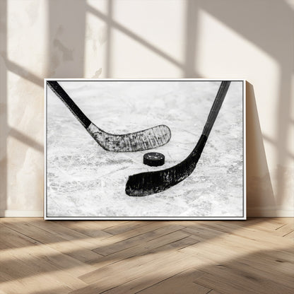 82900-MGV-CV-36X24-Hockey Wall Art – Black and White Canvas Print Ice Rink Sticks Puck Sports Photography, Modern Decor for Game Room, Man Cave,