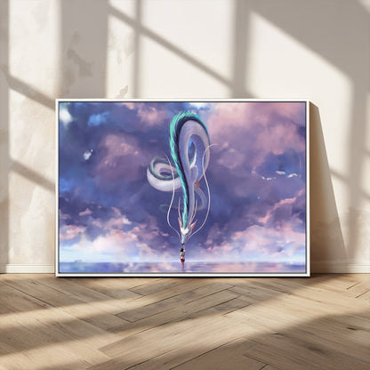 66864-MGV-CV-36X24-Fantasy Dragon Wall Art – Mystical Canvas Print Girl and Sky Serpent Dreamlike Clouds, Magical Anime Inspired Decor for Living