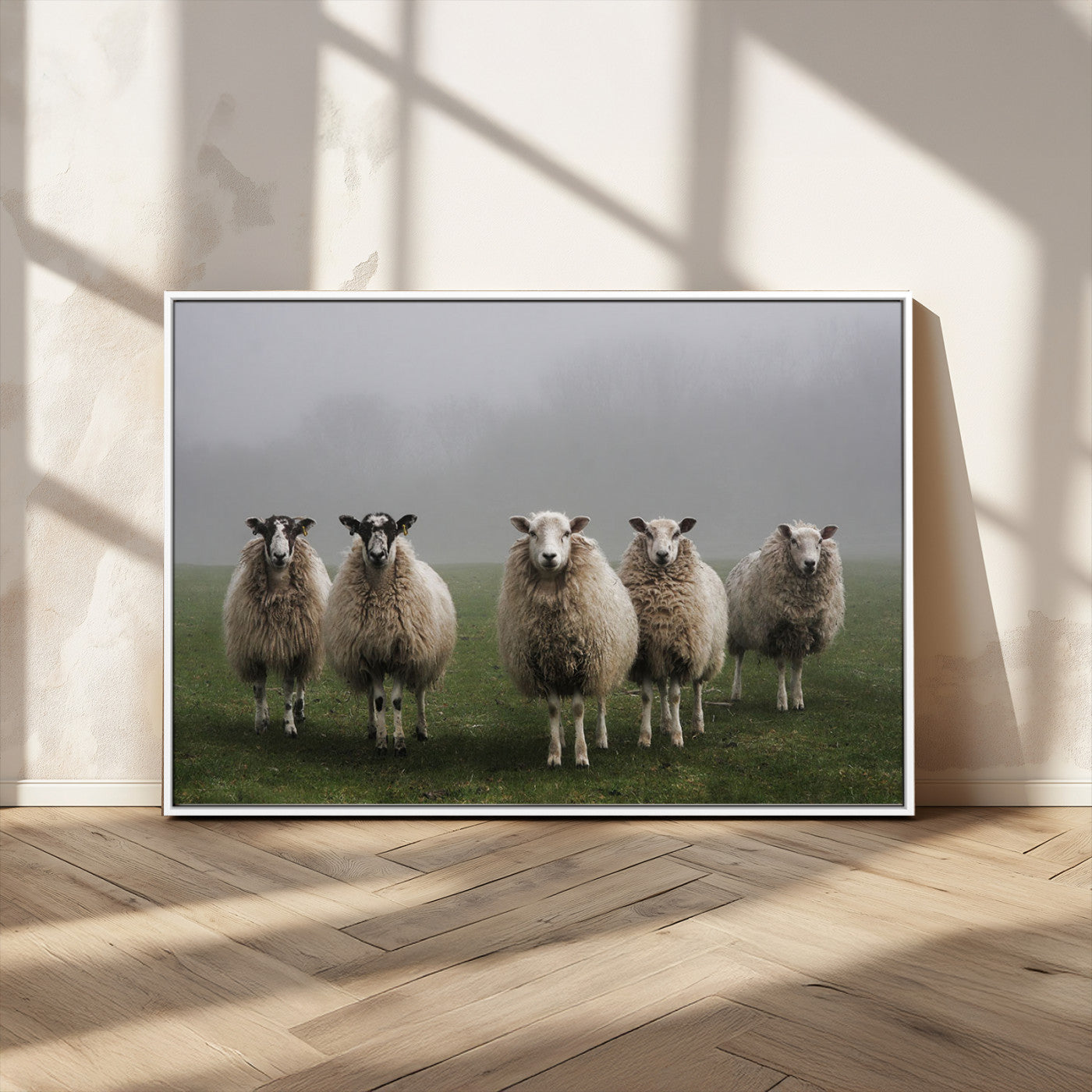 87339-MGV-CV-36X24-Sheep Wall Art – Rustic Farmhouse Canvas Print Flock Standing Misty Field Countryside Photography, Country Animal Decor for Living