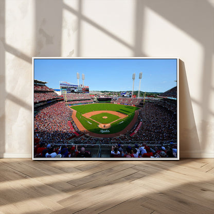 90998-MGV-CV-36X24-Baseball Stadium Wall Art – Canvas Print Day Game Field Packed Crowd Bright Blue Sky Sports Photography, Classic Decor for Game