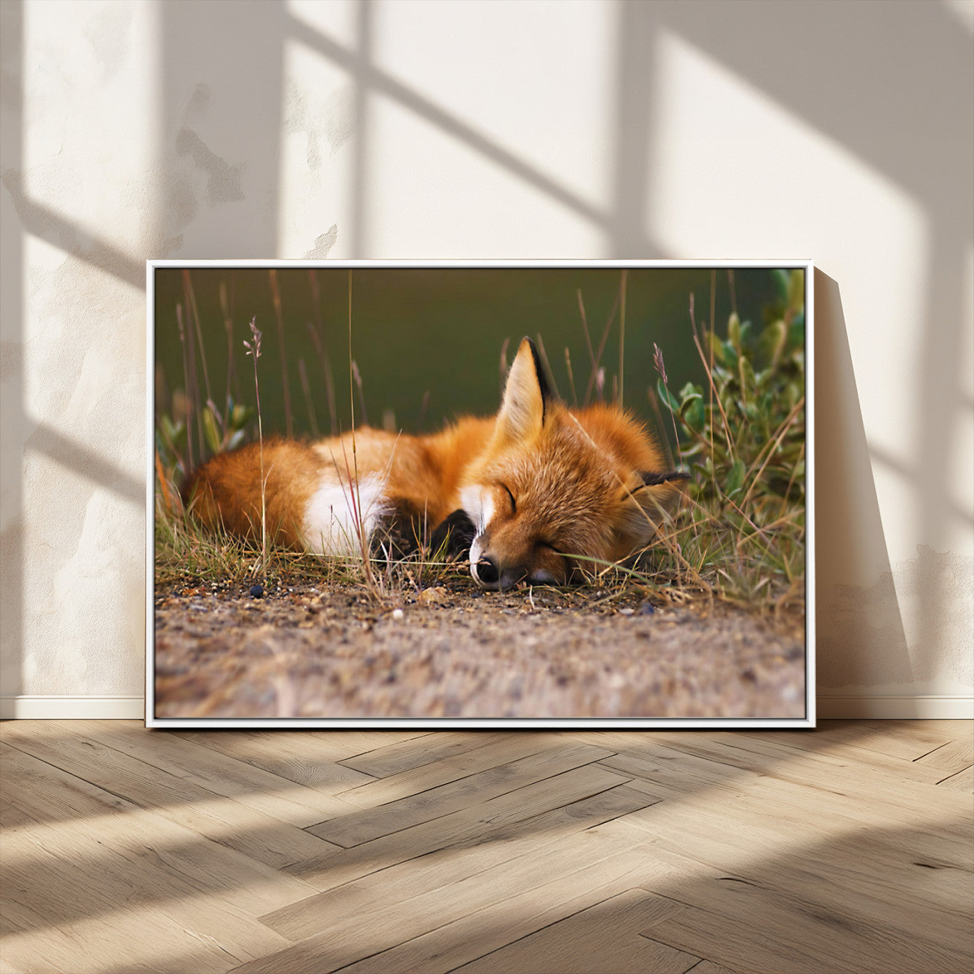 25085-MGV-CV-36X24-Sleeping Fox Wall Art Canvas Print, Framed Rustic Fox Art Picture Print, Wildlife Animal Perfect Rustic Farmhouse Decor Artwork