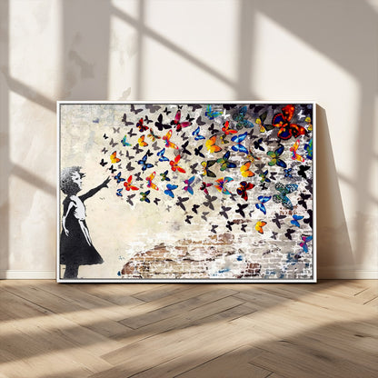 97895-MGV-CV-36X24-Girl with Butterflies Wall Art – Colorful Street Art Style Canvas Print, Modern Graffiti-Inspired Butterfly Artwork for Living