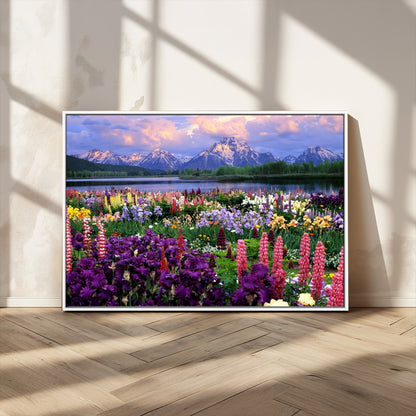 82270-MGV-CV-36X24-Colorful Wildflower Meadow Landscape Wall Art – Snow-Capped Mountain Lake Sunset Print, Vibrant Nature Artwork for Living Room,