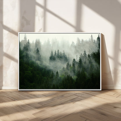 167720496-MGV-CV-36X24-Misty Forest Wall Art – Serene Evergreen Trees Canvas Print, Foggy Mountain Nature Landscape Decor for Bedroom, Living Room or