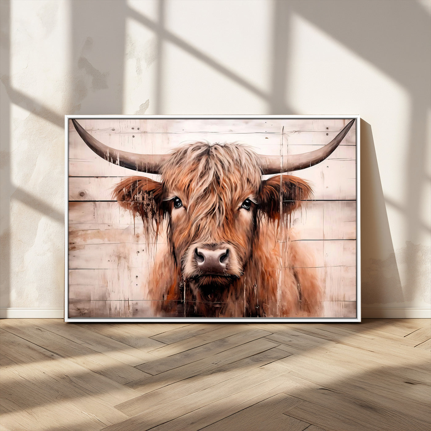 93730-MGV-FC-36X24_White-Scottish Cow Wall Art Canvas Print, Framed Longhorn Cow Art Picture Print, Highland Cattle Perfect Rustic Farmhouse Decor Artwork