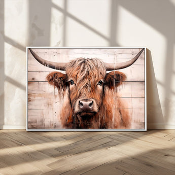 93730-MGV-FC-36X24_White-Scottish Cow Wall Art Canvas Print, Framed Longhorn Cow Art Picture Print, Highland Cattle Perfect Rustic Farmhouse Decor Artwork