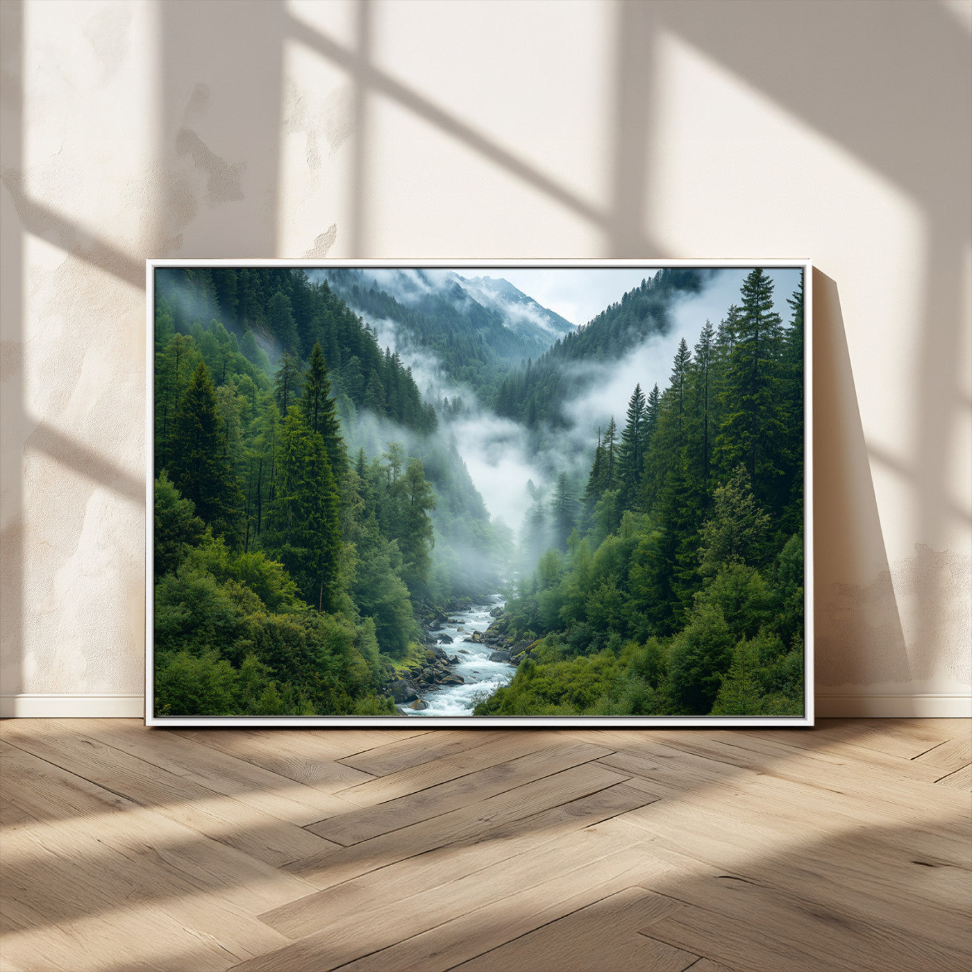 69453-MGV-CV-36X24-Mountain Forest Wall Art – Misty River and Evergreen Landscape Canvas Print, Nature Photography Poster for Living Room, Bedroom,