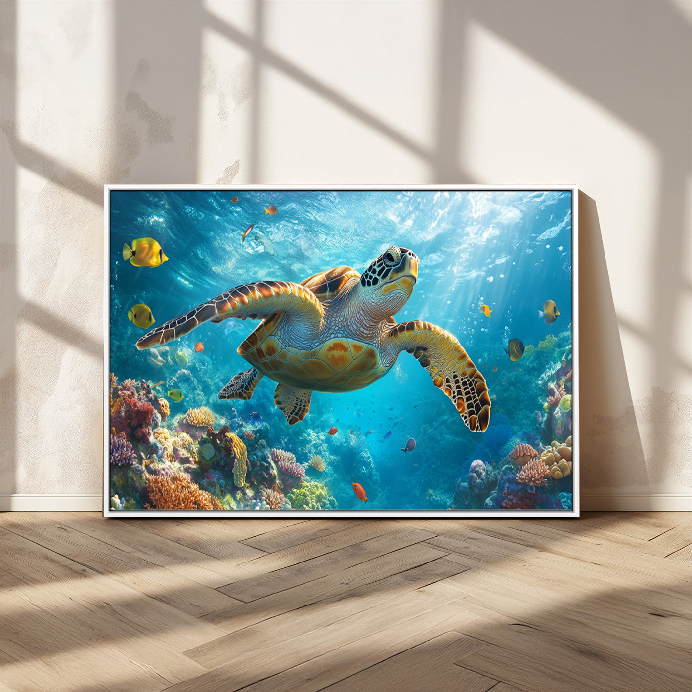 37623-MGV-CV-36X24-Sea Turtle Wall Art – Underwater Ocean Canvas Print with Coral Reef and Tropical Fish, Marine Life Painting Poster for Living
