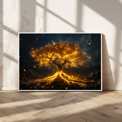 60194-MGV-CV-36X24-Glowing Tree Wall Art – Golden Roots Fantasy Canvas Print, Mystical Illuminated Tree Painting Poster for Living Room, Bedroom,