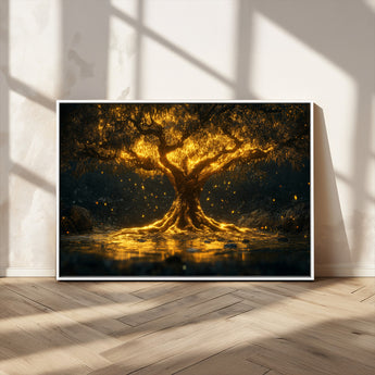 59580-MGV-FC-36X24_White-Glowing Tree Wall Art – Golden Fantasy Nature Canvas Print, Mystical Illuminated Tree Painting Poster for Living Room, Bedroom,